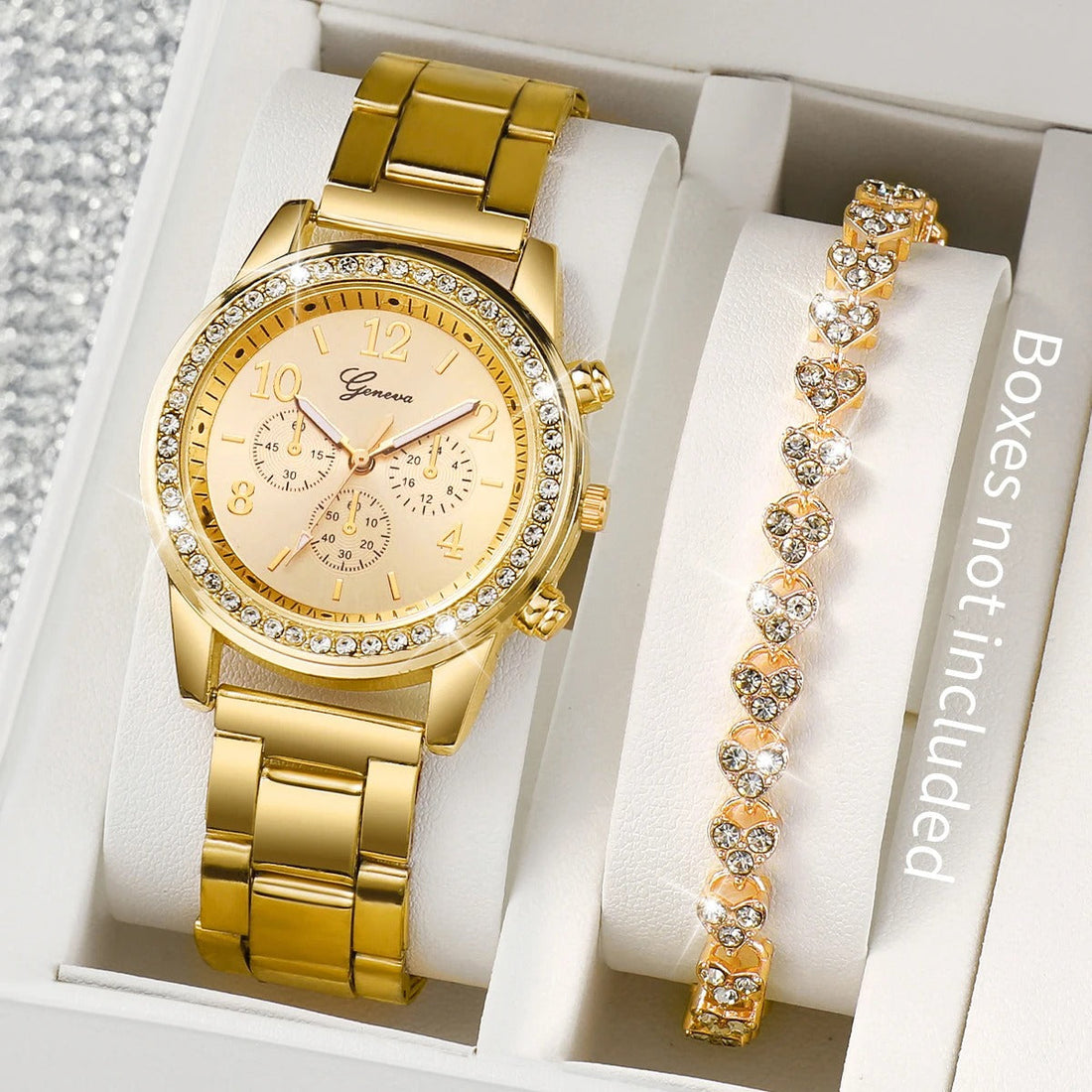 Women Steel Gold Color Quartz Watch & Diamond Bracelet